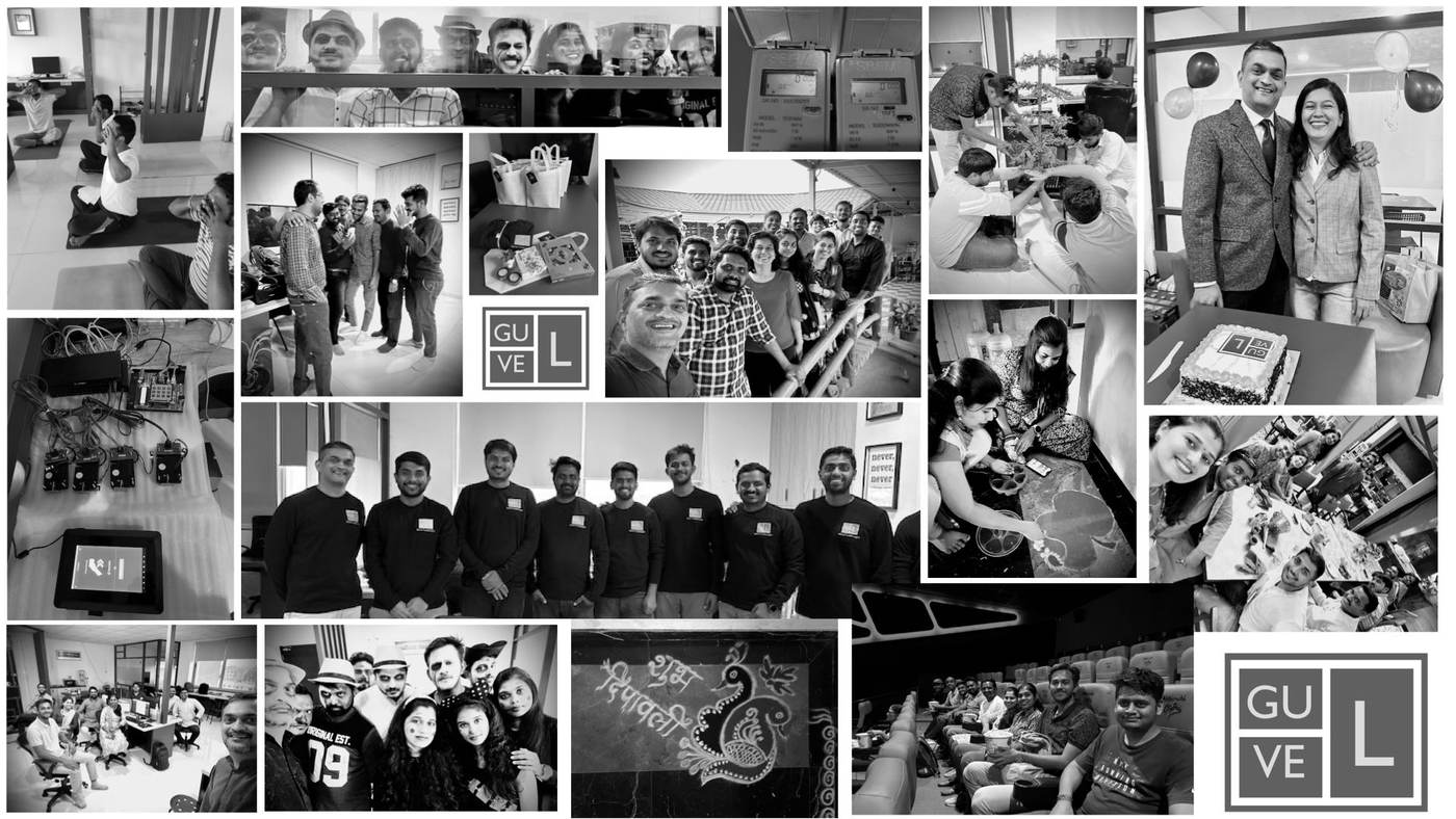 Collage of the Gulvel team: portraits, celebrations, yoga, festivals and devices built in the office